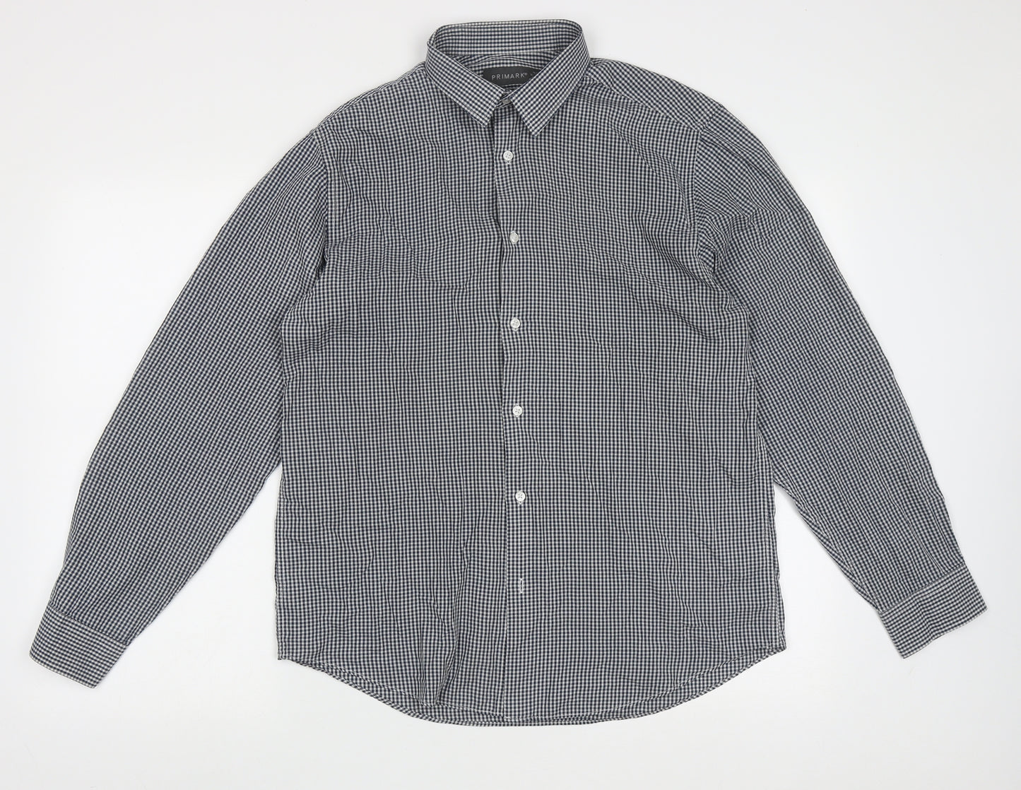 Primark Mens Blue Check Polyester  Button-Up Size 16 Collared Button