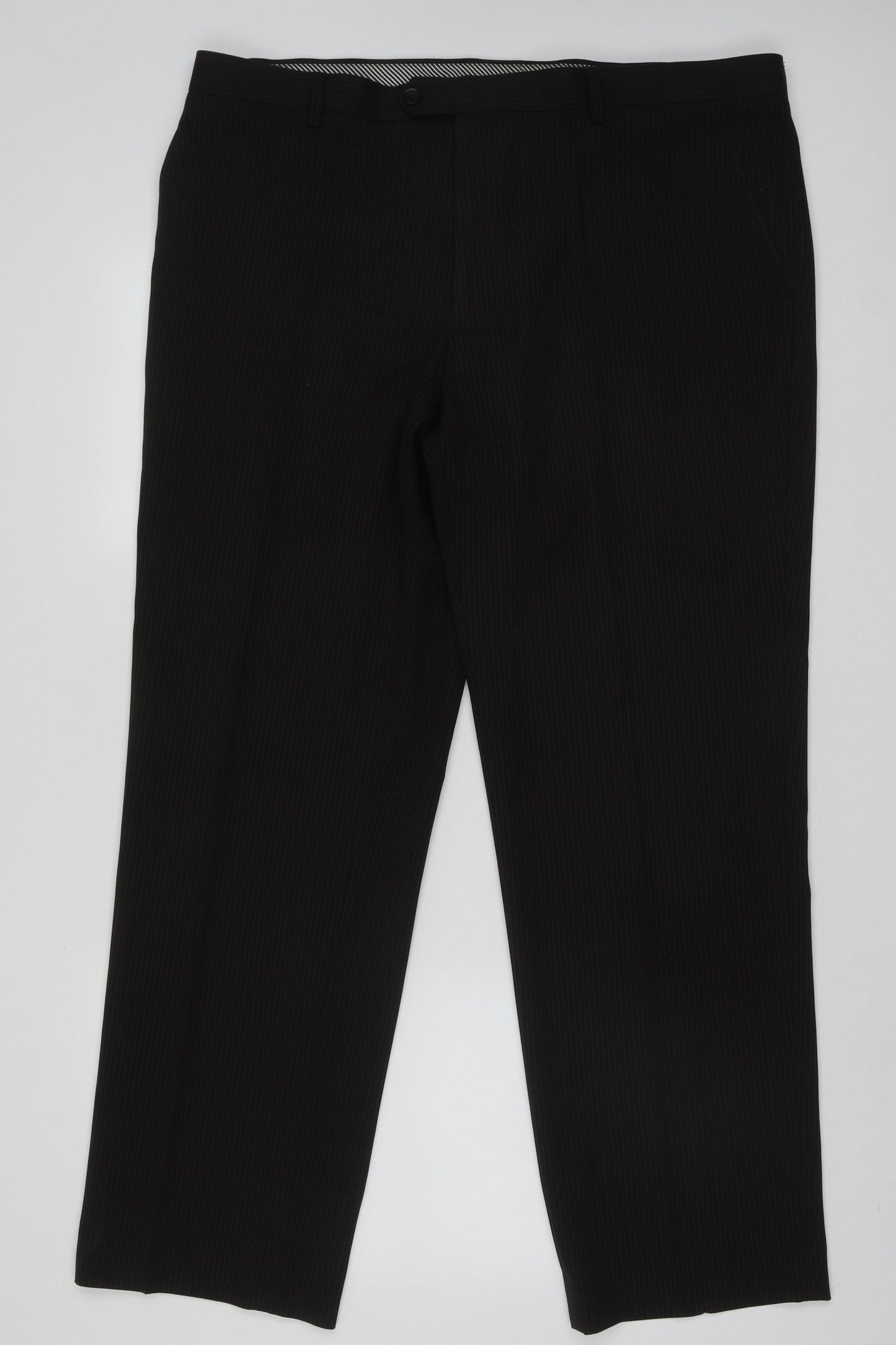 Marks and Spencer Mens Black Striped Polyester Trousers  Size 42 L31 in Regular Button