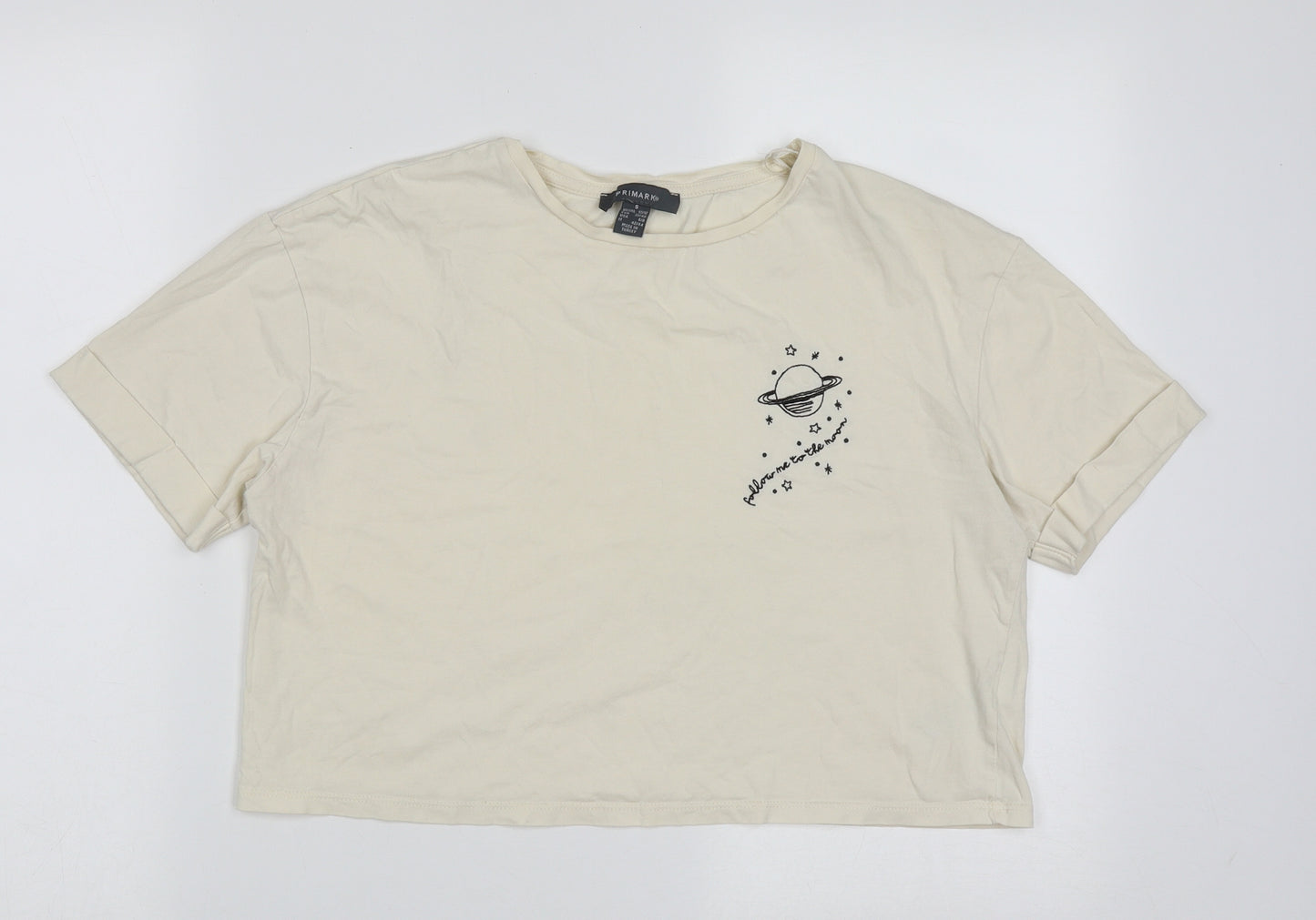 Primark Womens Ivory  Cotton Cropped T-Shirt Size S Crew Neck - follow me to the moon