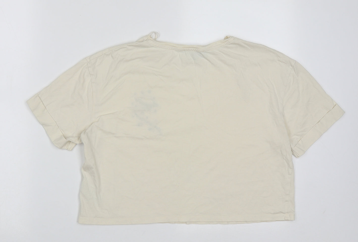 Primark Womens Ivory  Cotton Cropped T-Shirt Size S Crew Neck - follow me to the moon