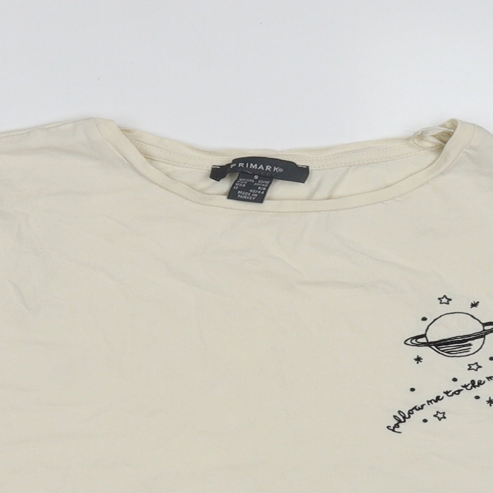 Primark Womens Ivory  Cotton Cropped T-Shirt Size S Crew Neck - follow me to the moon