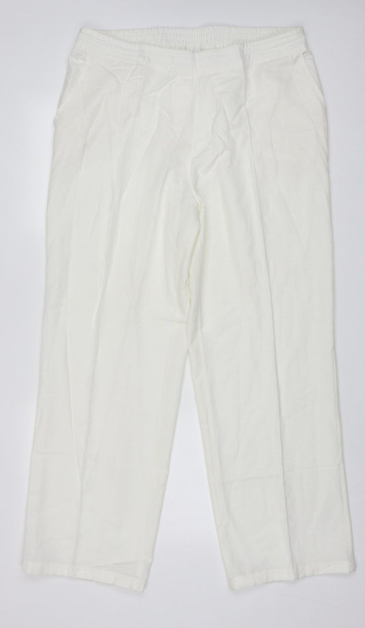 Front view of Being Casual women’s white cotton trousers, size UK 18, 30-inch leg regular