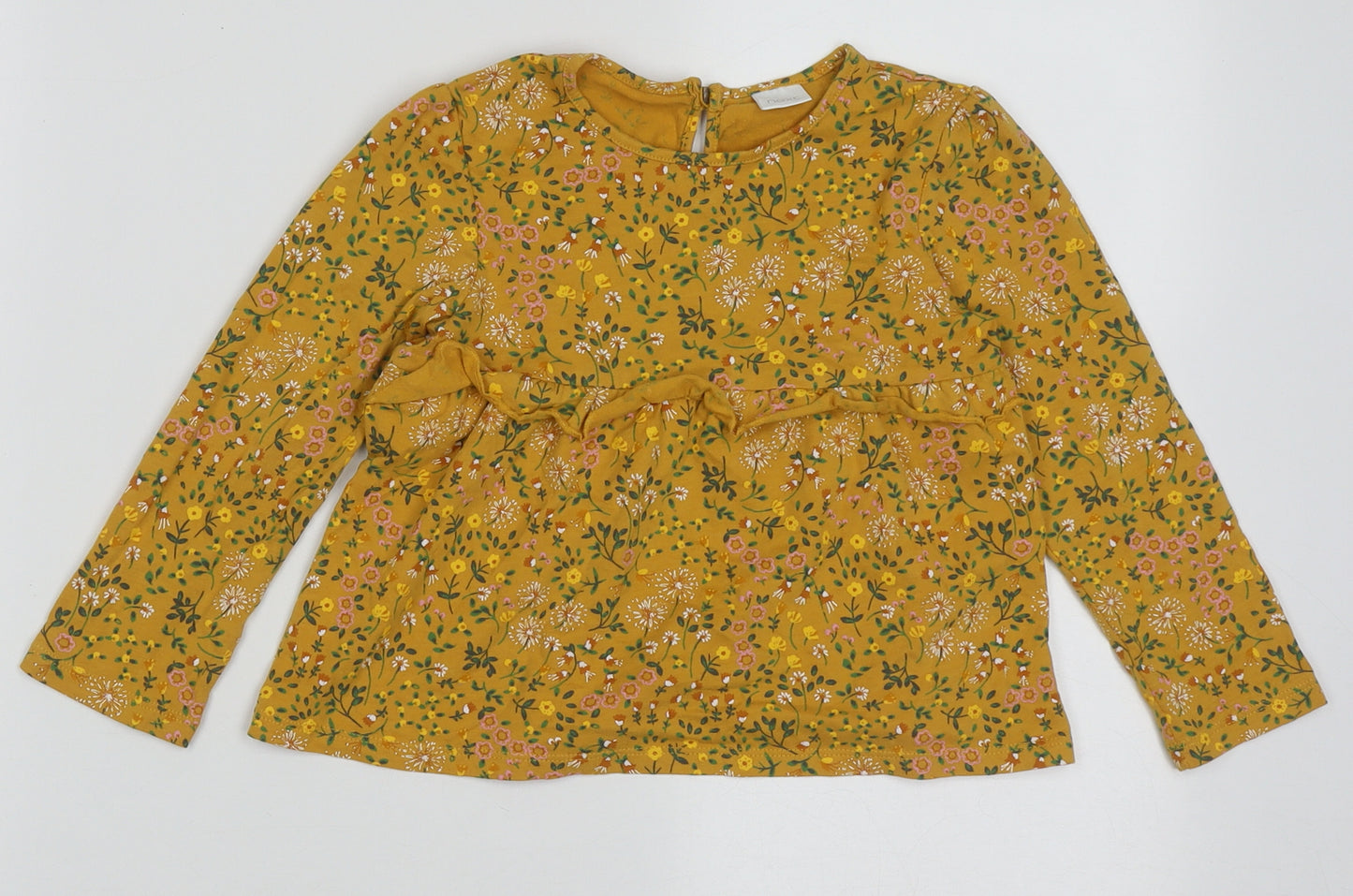 NEXT Girls Yellow Floral Cotton Basic Casual Size 3-4 Years Crew Neck Button