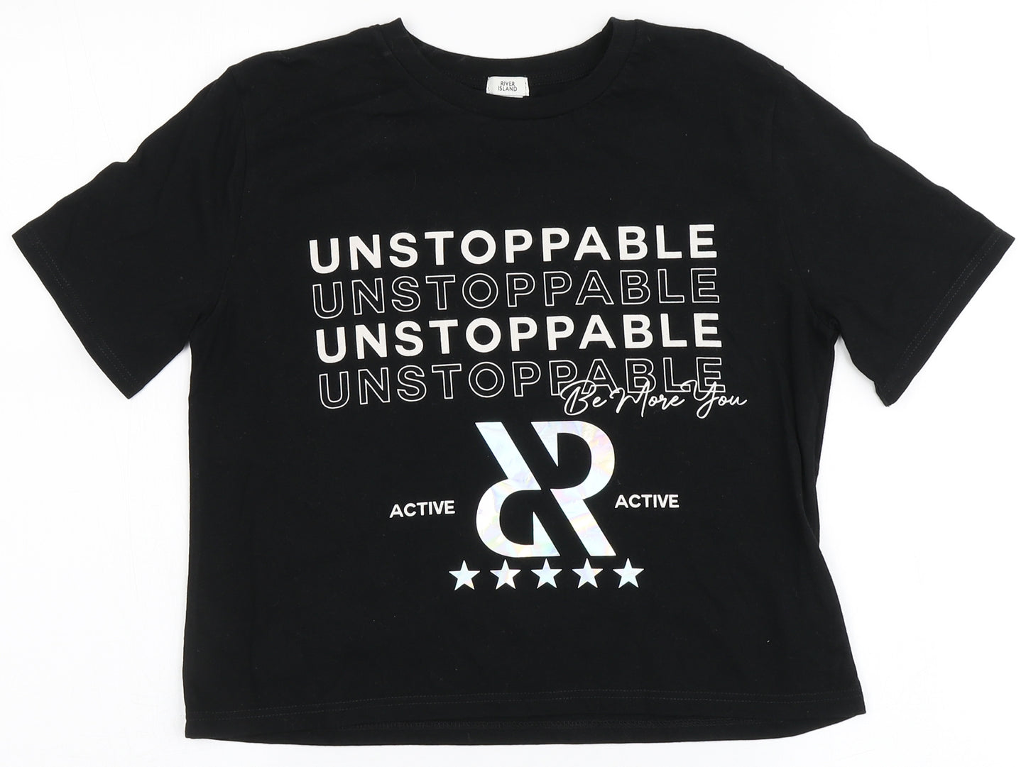 River Island Girls Black  100% Cotton Cropped T-Shirt Size 11-12 Years Round Neck  - Unstoppable