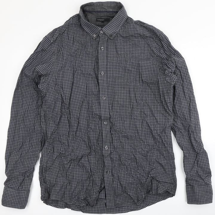 Autograph Mens Blue Check Polyester Button-Up Size L Round Neck Button