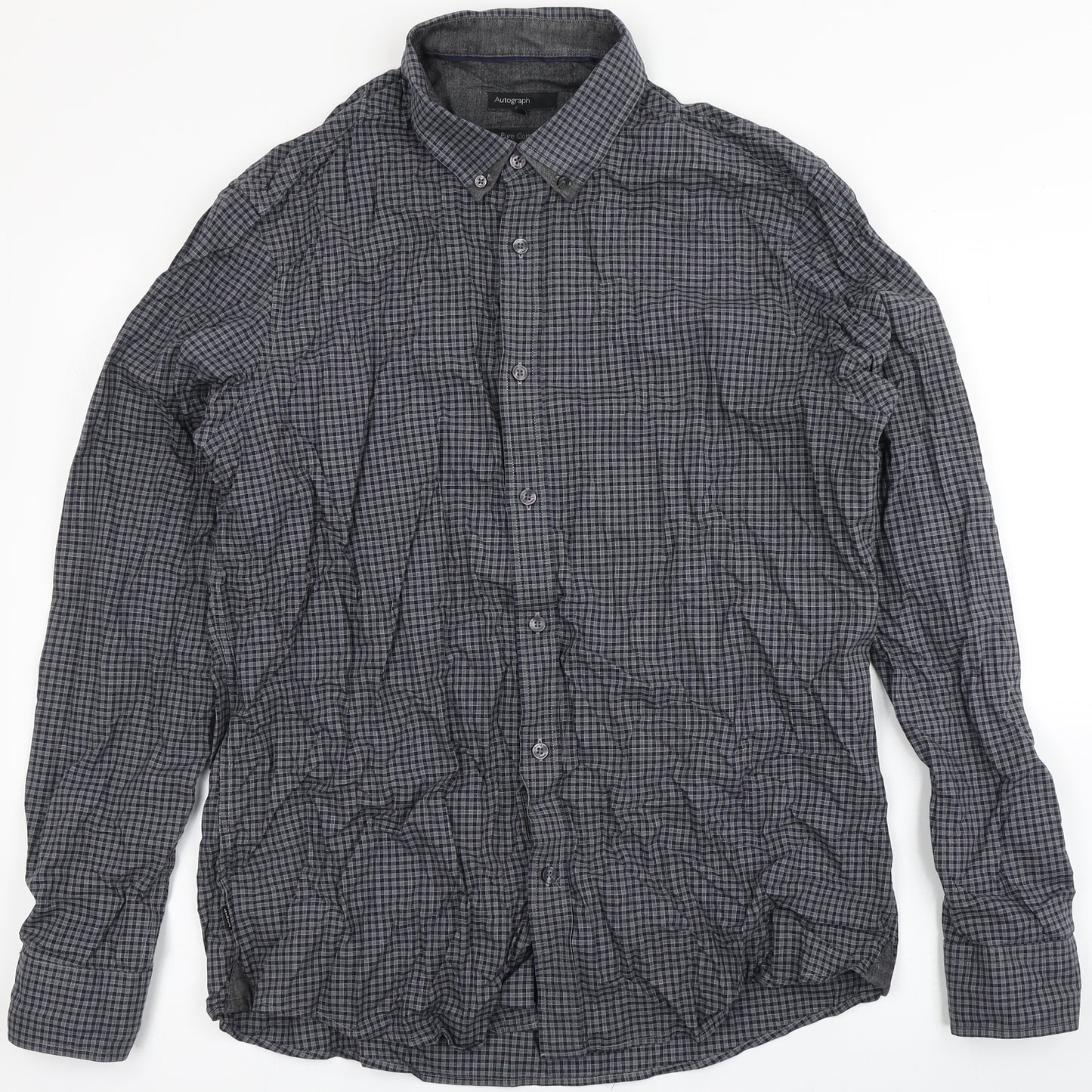 Autograph Mens Blue Check Polyester  Button-Up Size L Round Neck Button