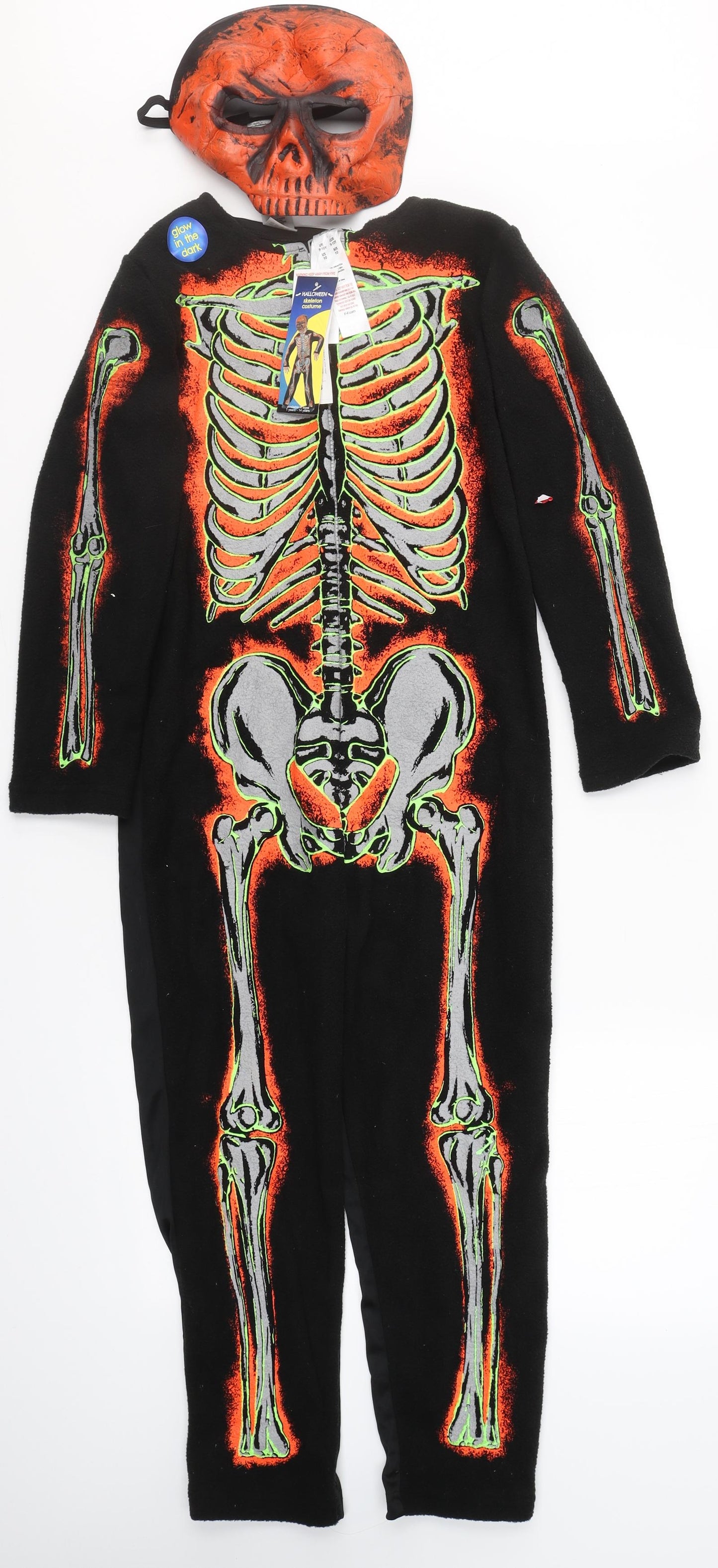 F&F Boys Black Solid Polyester  Bodysuit Size 9-10 Years  Snap - Glow Skeleton Halloween Costume