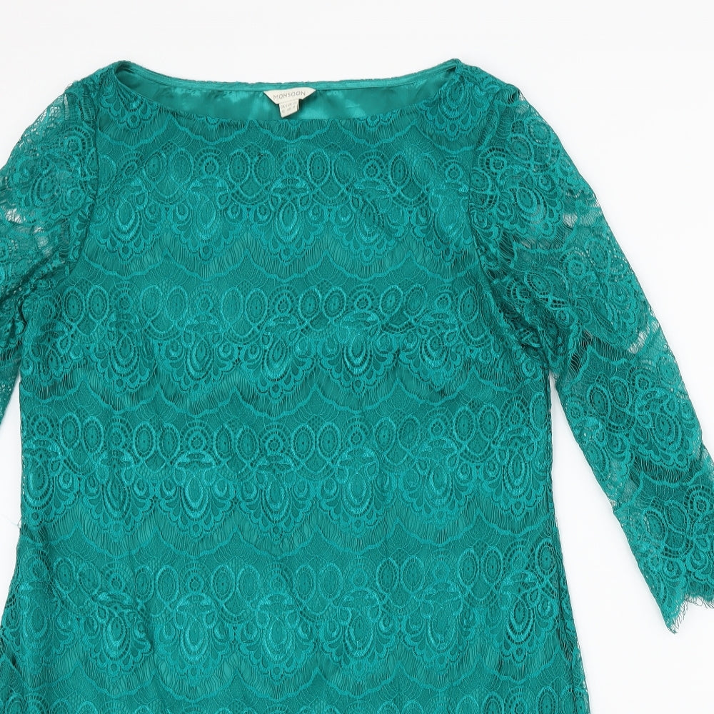Monsoon Womens Green Paisley Nylon Pencil Dress  Size 12  Boat Neck Pullover