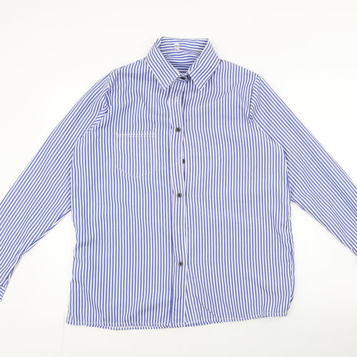 Preworn Mens Blue Striped Polyester  Button-Up Size XL Collared Button