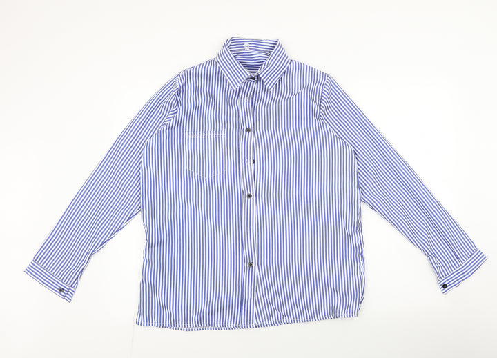 Preworn Mens Blue Striped Polyester Button-Up Size XL Collared Button
