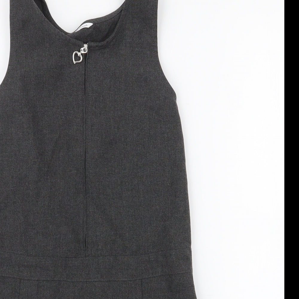 F&F Girls Grey  Polyester Pinafore/Dungaree Dress  Size 7-8 Years  Round Neck Zip - school wear