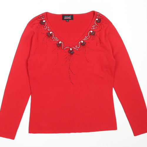 Viola Womens Red V-Neck  Viscose Pullover Jumper Size M