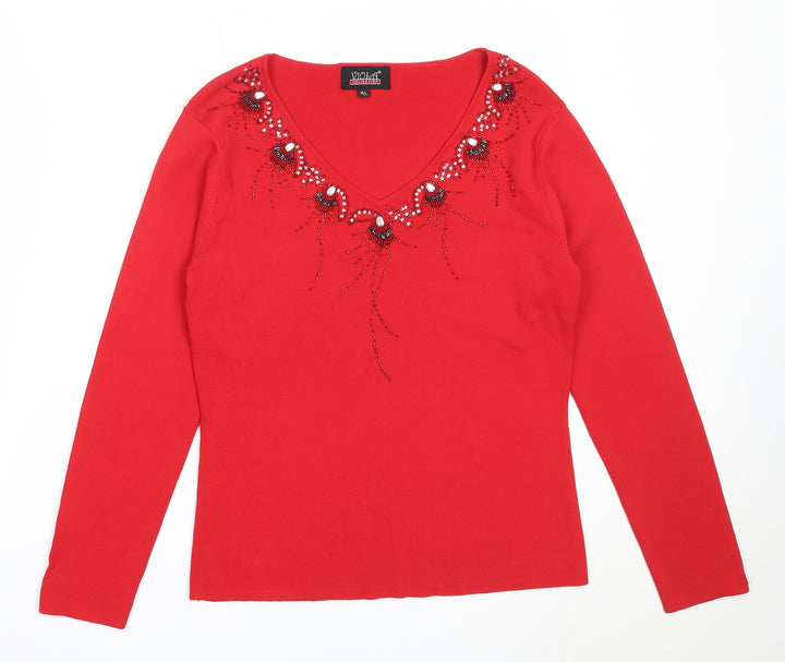 Viola Womens Red V-Neck  Viscose Pullover Jumper Size M