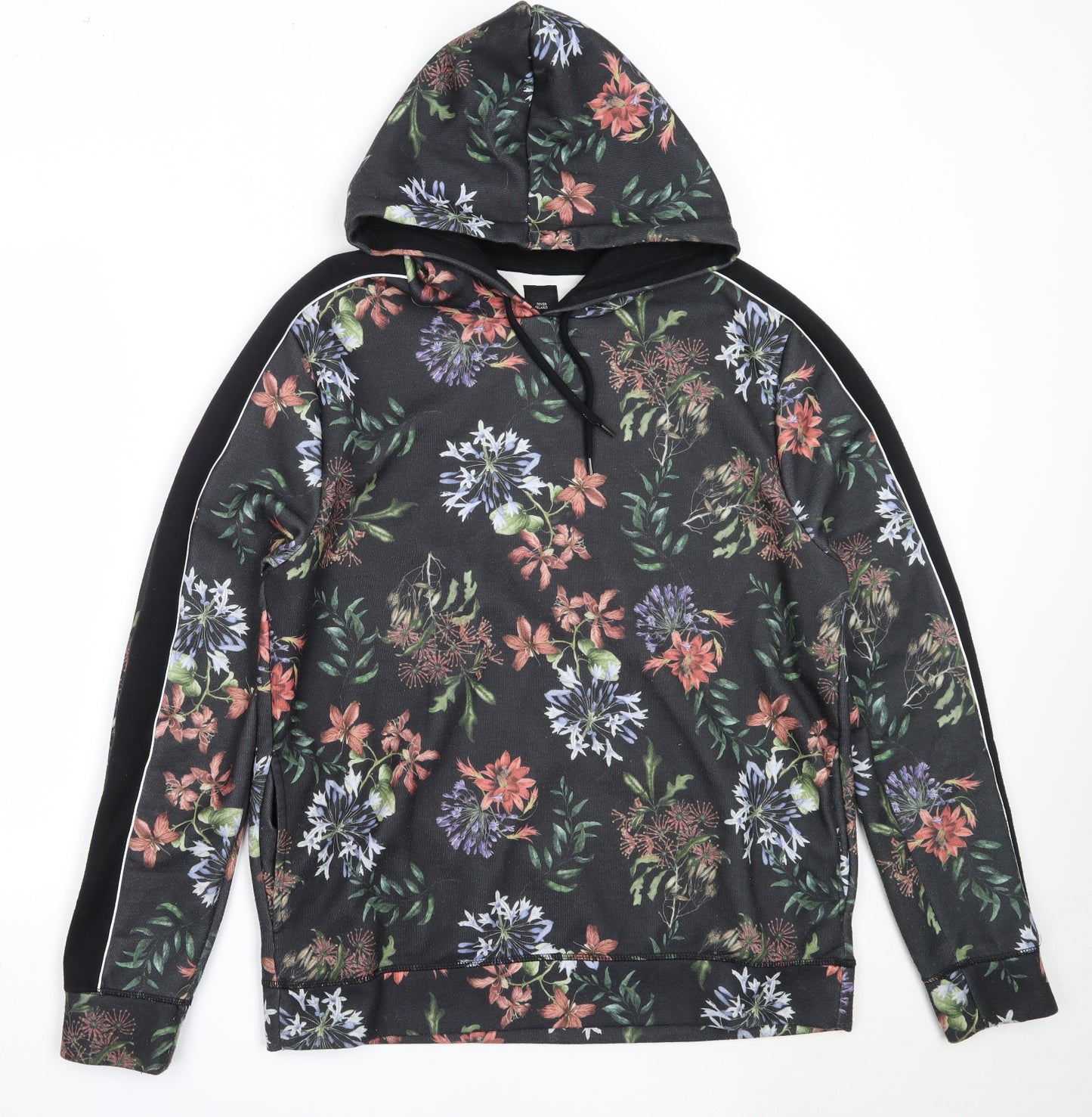 River Island Mens Black Floral Polyester Pullover Hoodie Size L
