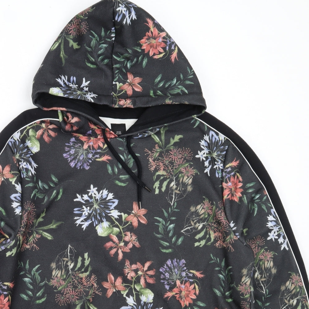 River Island Mens Black Floral Polyester Pullover Hoodie Size L