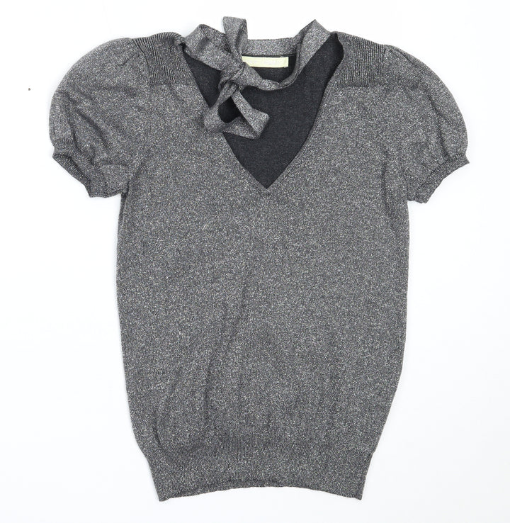River Island Womens Silver V-Neck Cotton Pullover Jumper Size 10