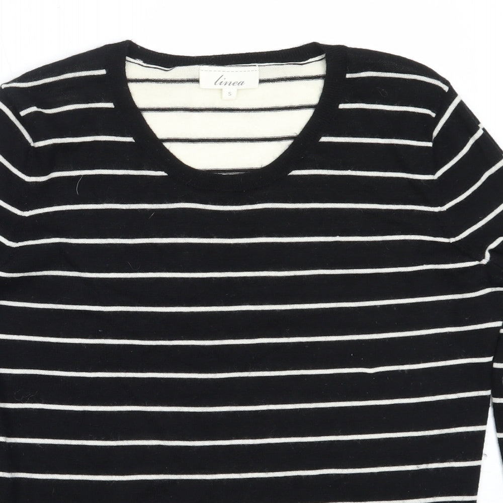 Linea Womens Black Round Neck Striped Wool Pullover Jumper Size S