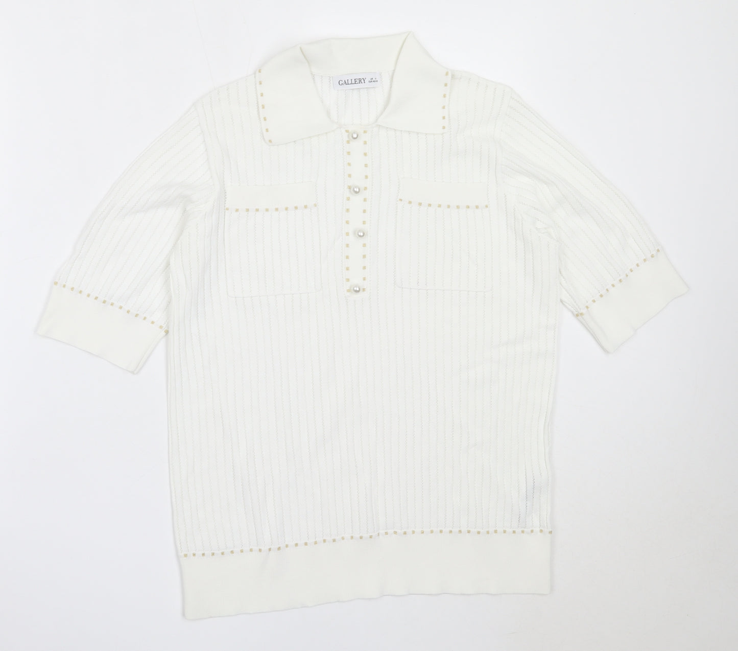 Gallery Womens White Collared  Viscose Pullover Jumper Size M