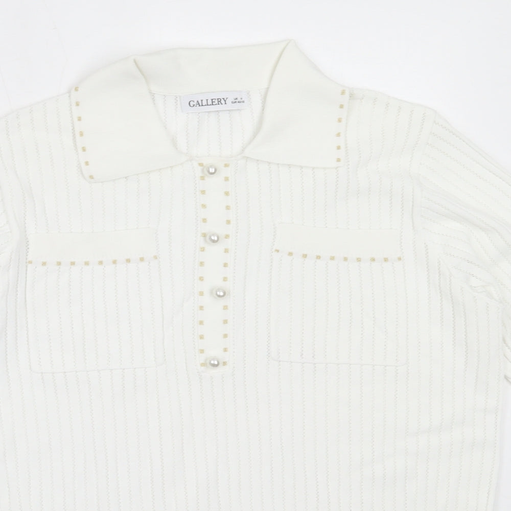 Gallery Womens White Collared  Viscose Pullover Jumper Size M