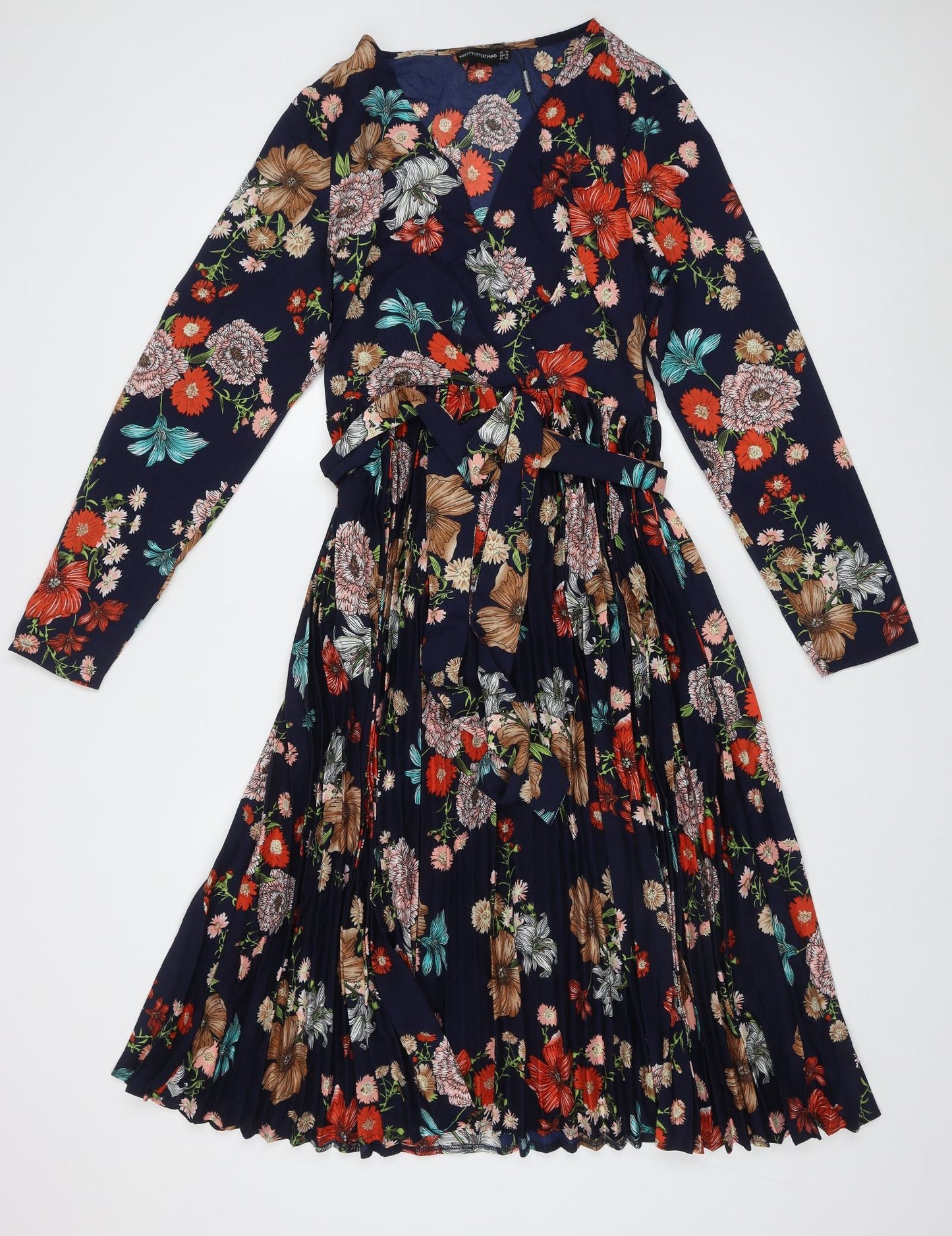 PRETTYLITTLETHING Womens Blue Floral Polyester A-Line  Size 14  V-Neck Zip