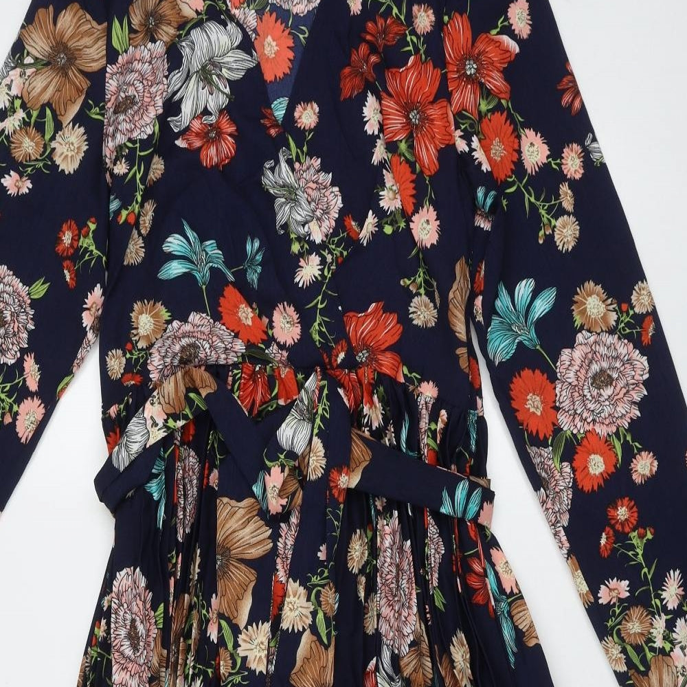 PRETTYLITTLETHING Womens Blue Floral Polyester A-Line  Size 14  V-Neck Zip