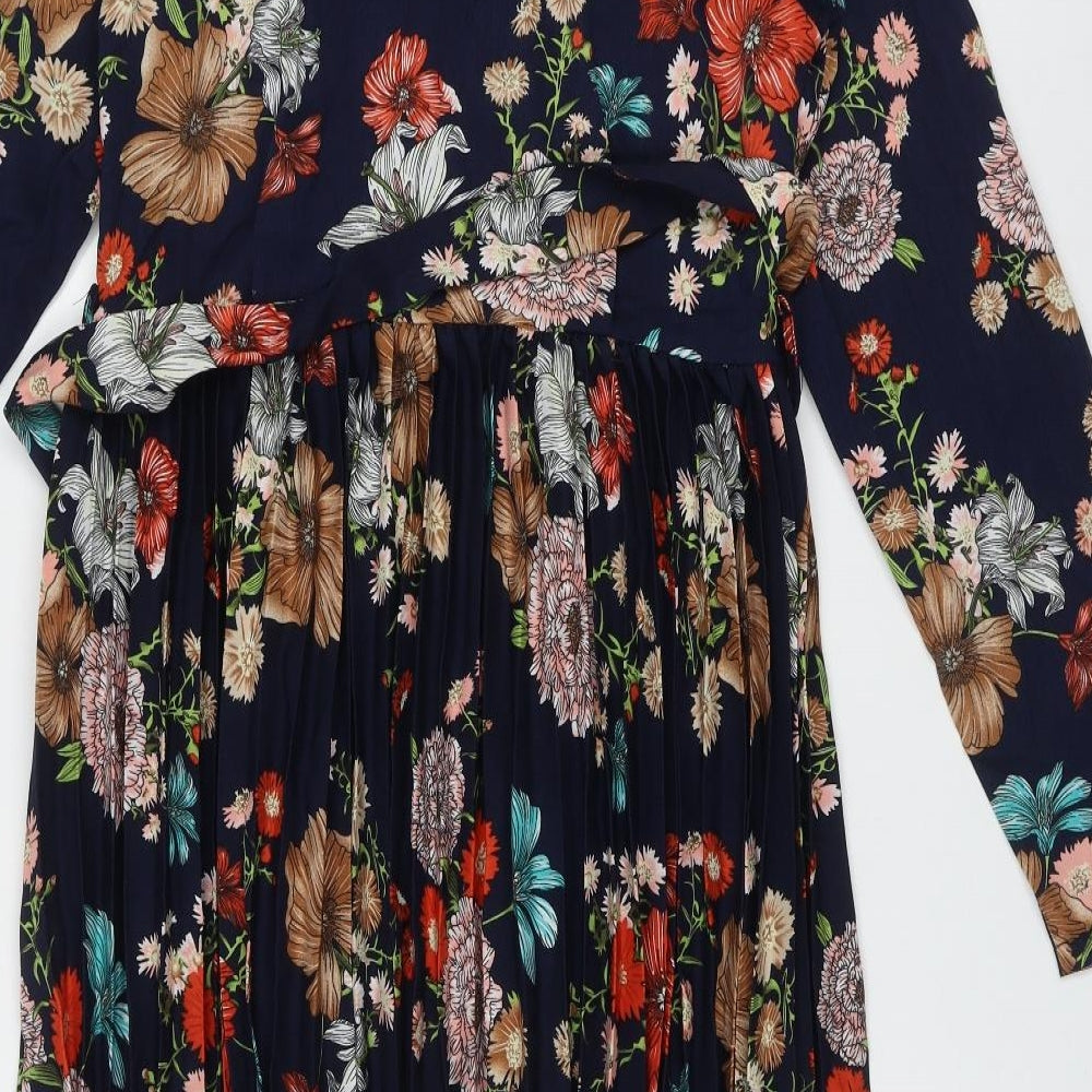 PRETTYLITTLETHING Womens Blue Floral Polyester A-Line  Size 14  V-Neck Zip