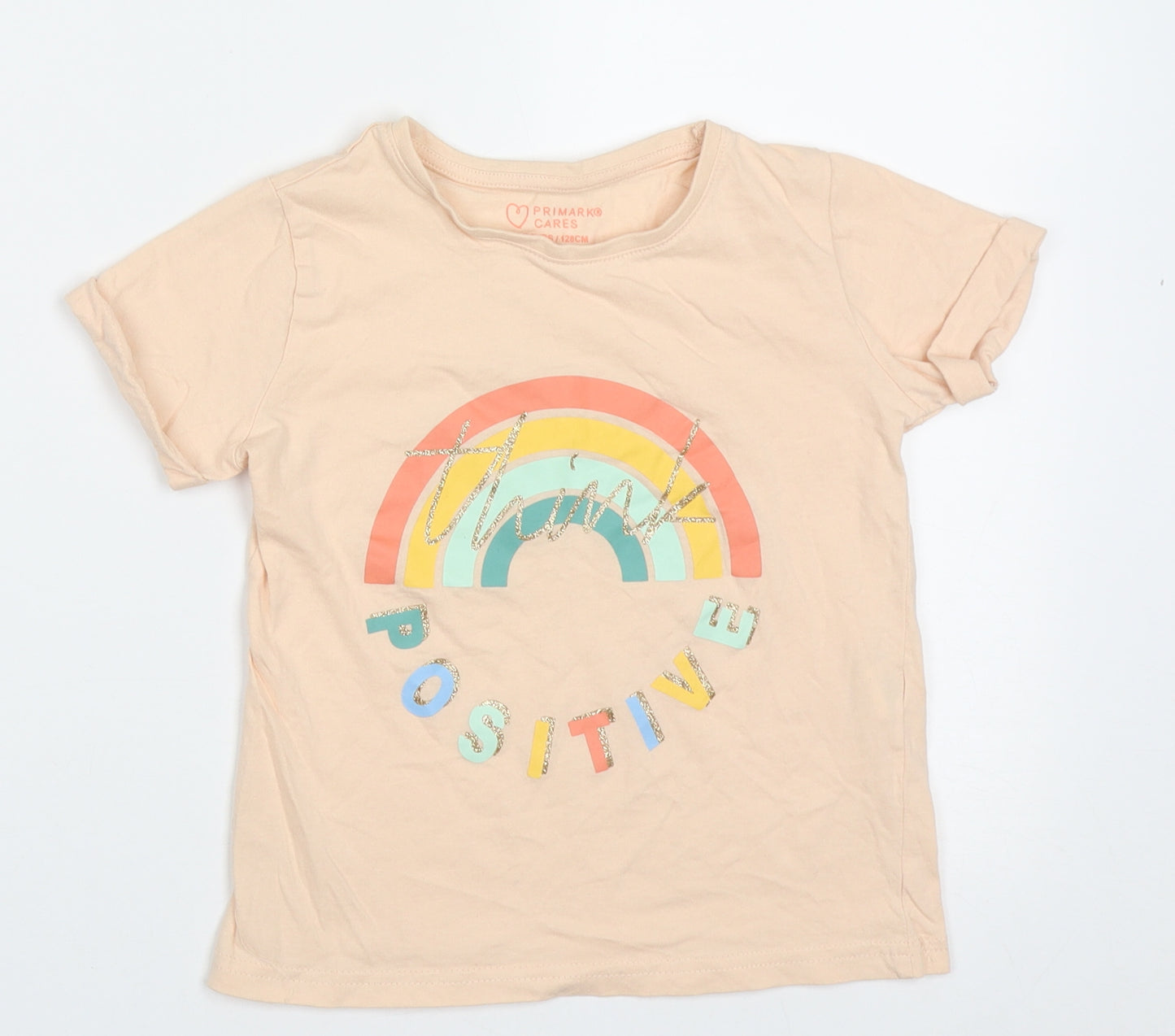 Primark Girls Ivory  Cotton Basic T-Shirt Size 7-8 Years Crew Neck Pullover - Think positive