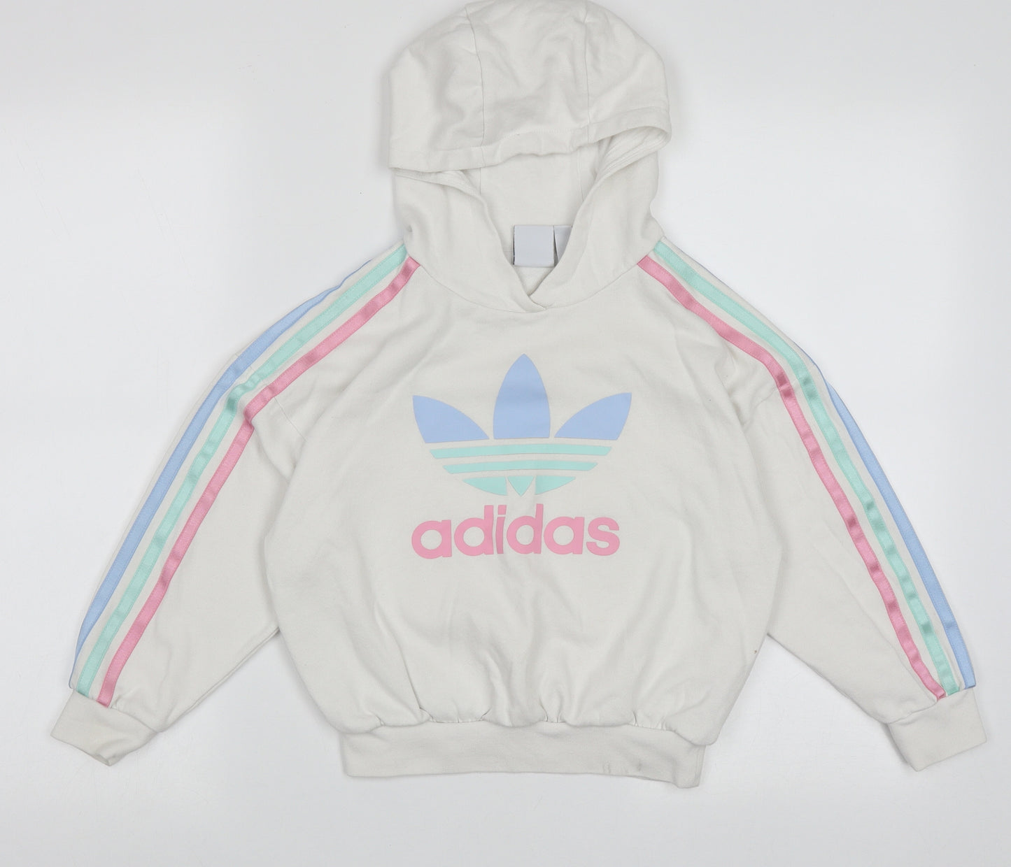 adidas Girls White Striped Cotton Pullover Hoodie Size 7-8 Years  Pullover