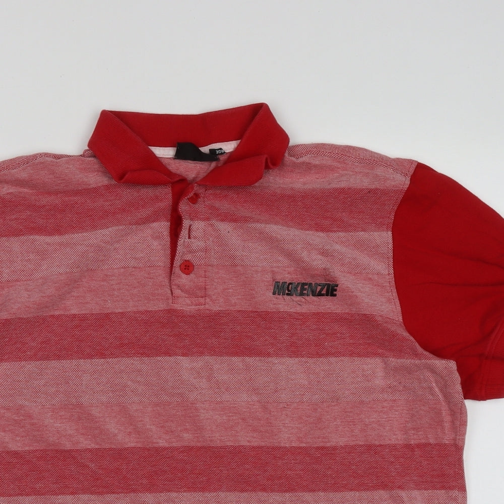 McKenzie Mens Red Striped Cotton  Polo Size L Collared Button