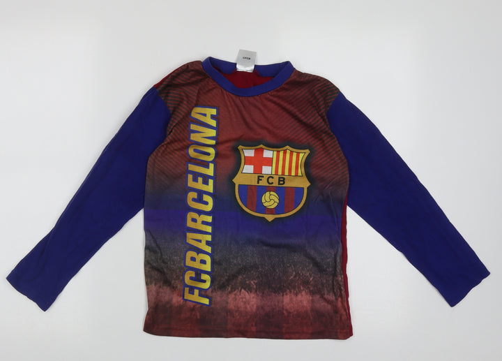 Preworn Boys Blue Geometric Polyester Basic Casual Size 9-10 Years Crew Neck Pullover - Barcelona Football Club