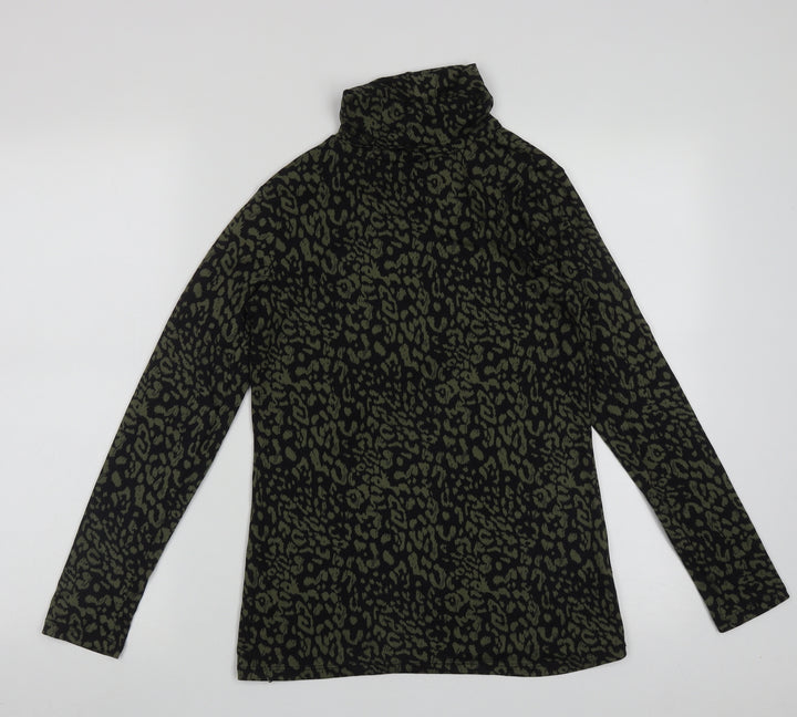 M&Co Womens Green Roll Neck Animal Print Polyester Pullover Jumper Size 8