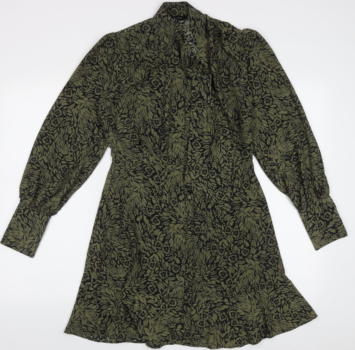 New Look Womens Green Floral Polyester A-Line  Size 8  High Neck Button