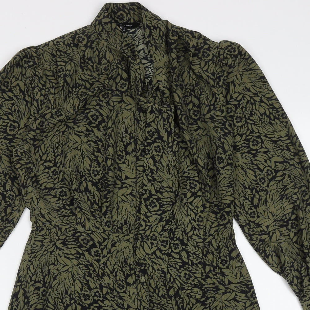 New Look Womens Green Floral Polyester A-Line  Size 8  High Neck Button