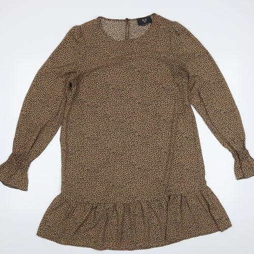 AX Paris Womens Brown Animal Print Polyester A-Line  Size 10  Crew Neck Button
