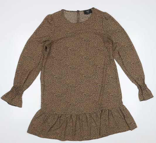 Front view of AX Paris women’s brown animal print polyester a-line, size UK 10, crew neck button
