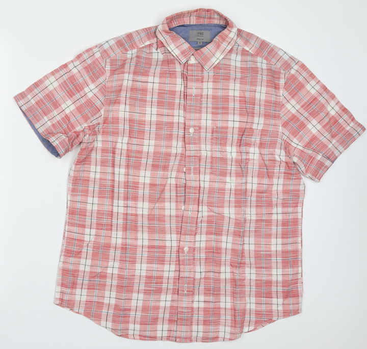 Marks and Spencer Mens Red Check Cotton Button-Up Size M Collared Button