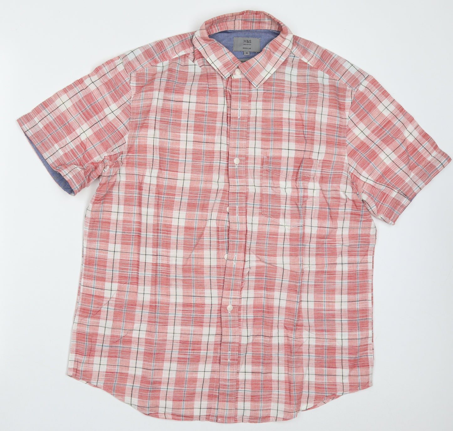 Marks and Spencer Mens Red Check Cotton  Button-Up Size M Collared Button