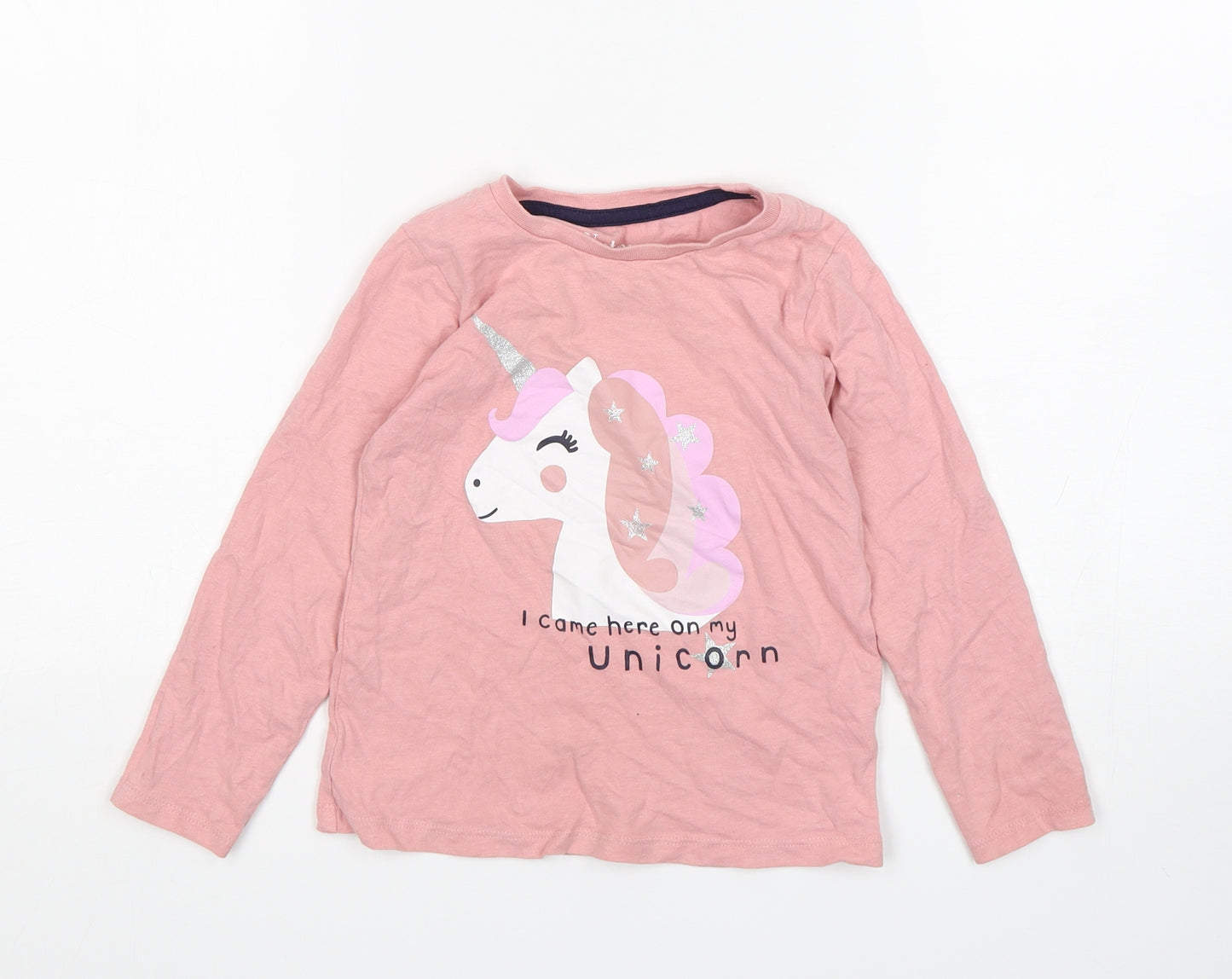 Nutmeg Girls Pink  Cotton Basic T-Shirt Size 5-6 Years Round Neck Pullover - Unicorn