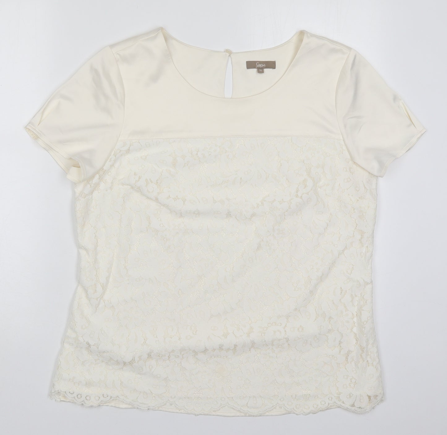 Soon Womens Ivory  Polyester Basic T-Shirt Size 16 Round Neck