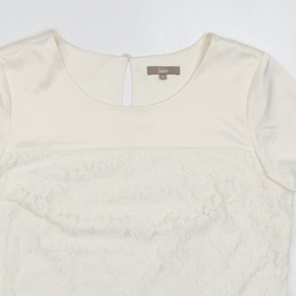 Soon Womens Ivory  Polyester Basic T-Shirt Size 16 Round Neck