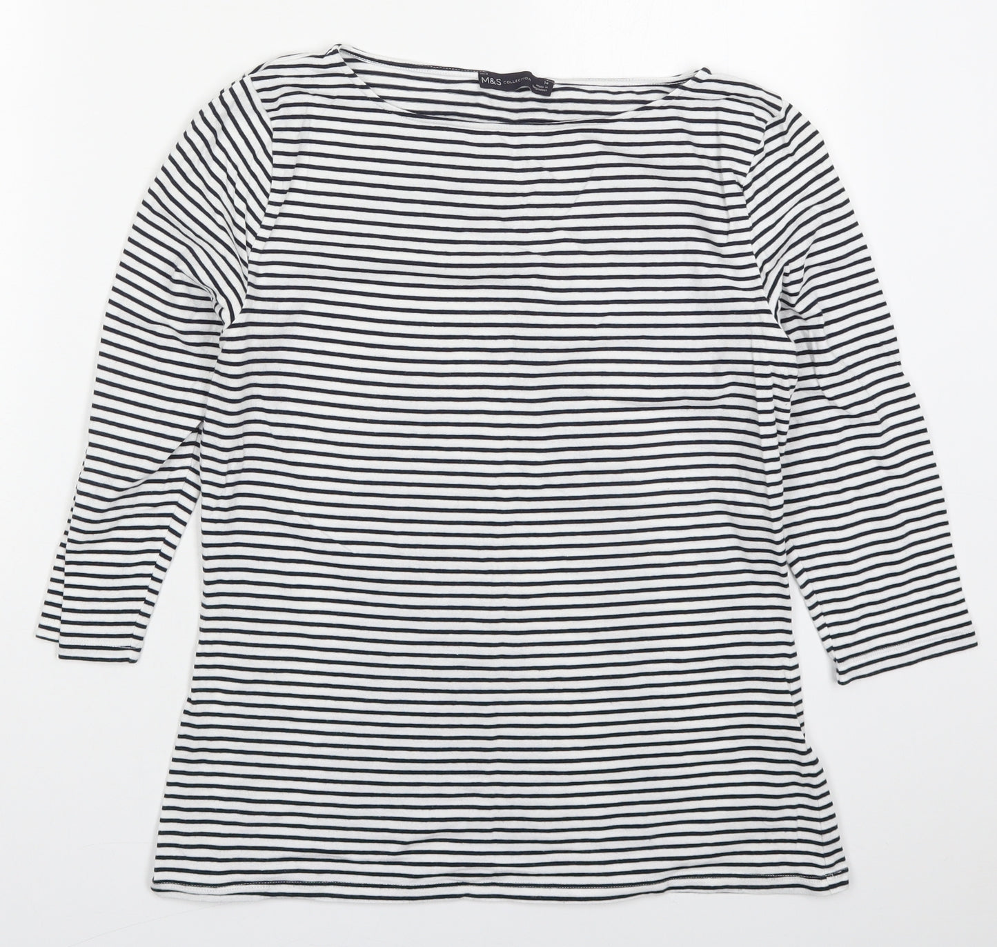 Marks and Spencer Womens Blue Striped Cotton Basic T-Shirt Size 14 Boat Neck - Navy
