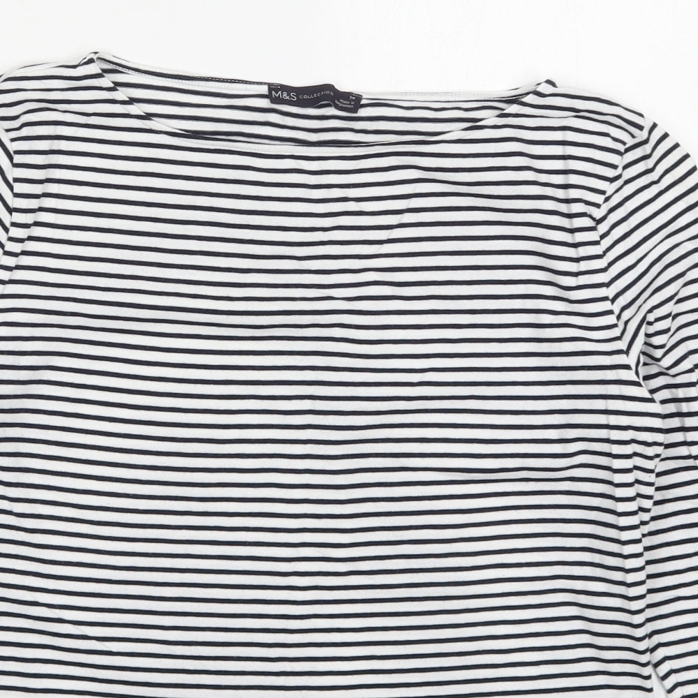 Marks and Spencer Womens Blue Striped Cotton Basic T-Shirt Size 14 Boat Neck - Navy