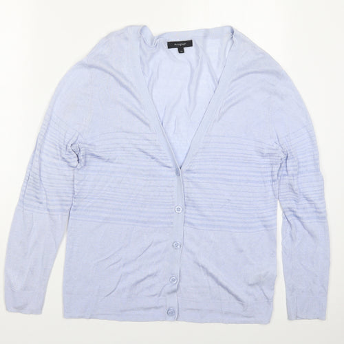 Marks and Spencer Womens Blue V-Neck Striped Linen Cardigan Jumper Size 14