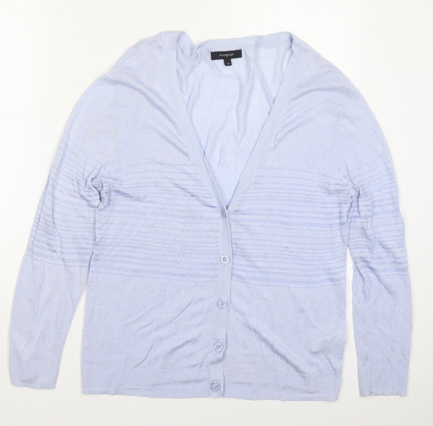 Marks and Spencer Womens Blue V-Neck Striped Linen Cardigan Jumper Size 14