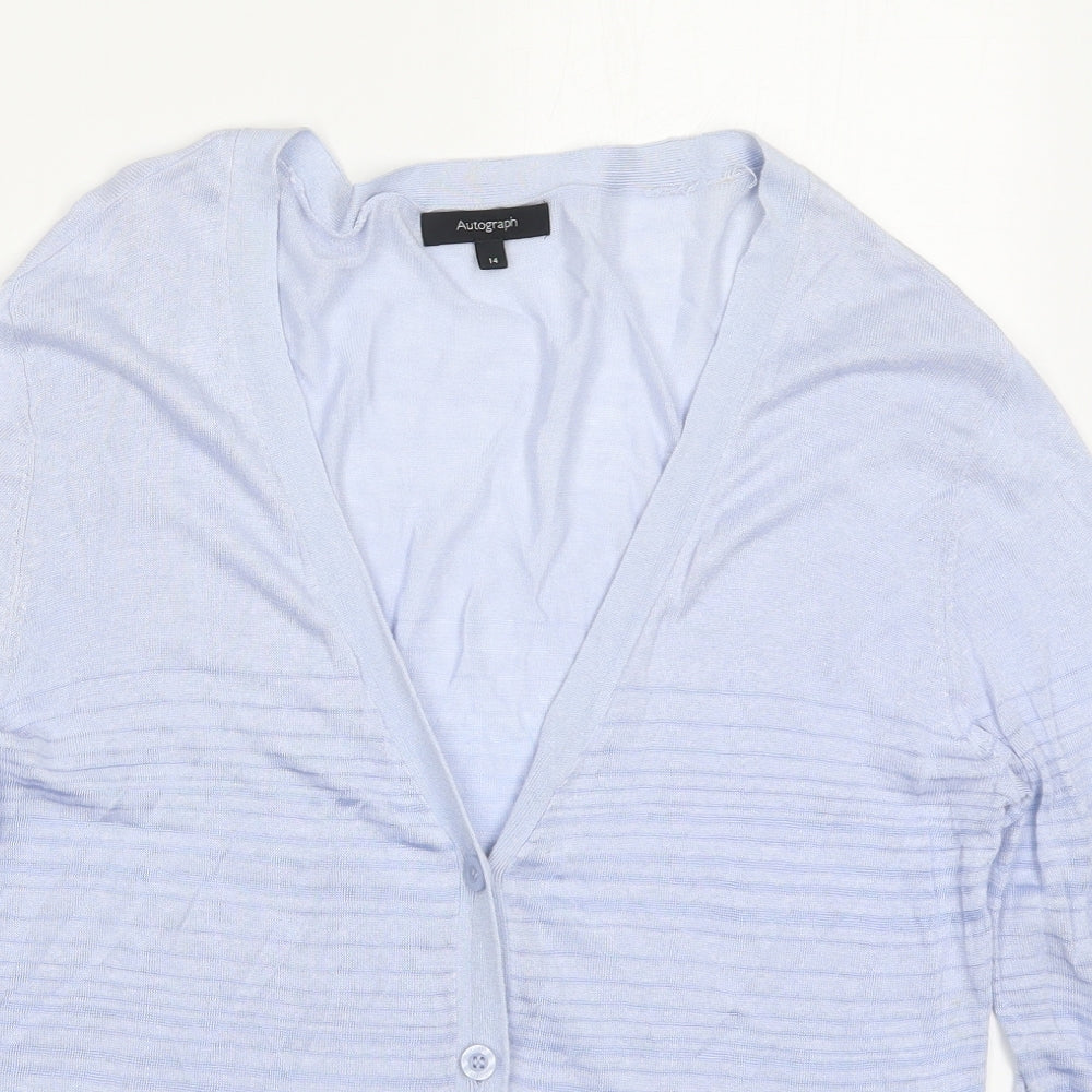 Marks and Spencer Womens Blue V-Neck Striped Linen Cardigan Jumper Size 14