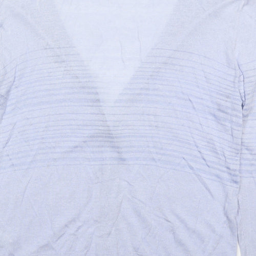 Marks and Spencer Womens Blue V-Neck Striped Linen Cardigan Jumper Size 14