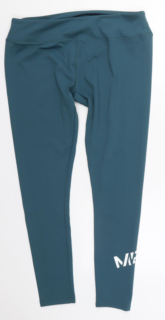 Front view of My Protien women’s blue polyester capri leggings, size UK 32, in, 28-inch leg regular