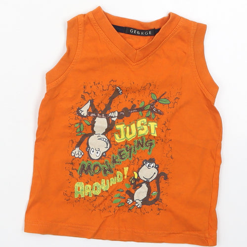 George Boys Orange  Cotton Basic Tank Size 18-24 Months V-Neck Pullover - Just Monkeying Around