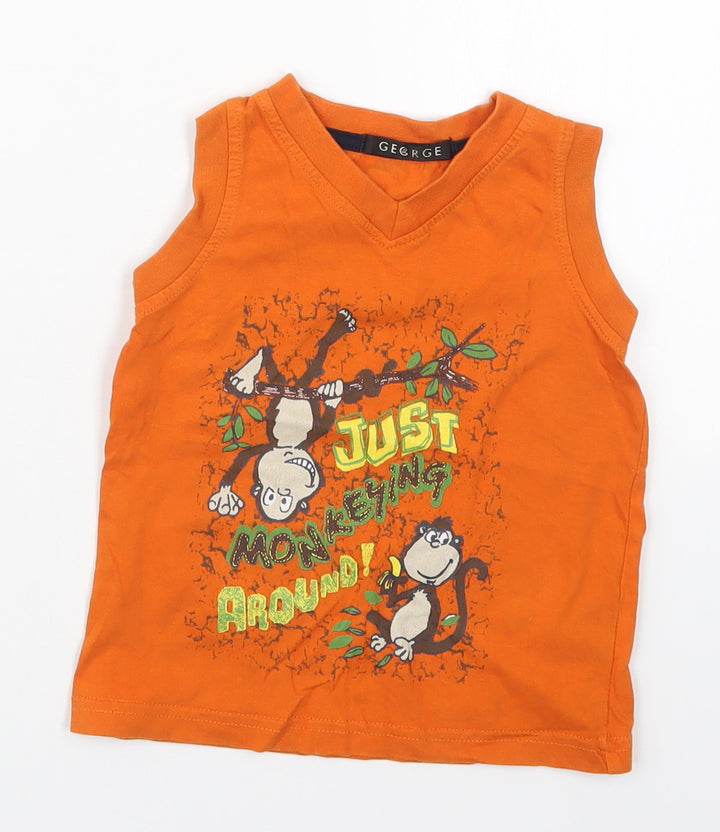 George Boys Orange  Cotton Basic Tank Size 18-24 Months V-Neck Pullover - Just Monkeying Around