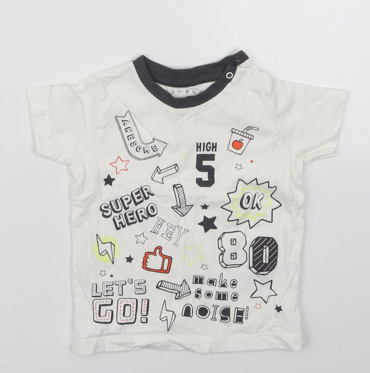 Nutmeg Boys White  Cotton Basic T-Shirt Size 12-18 Months Crew Neck Pullover - Super Hero Let's Go Make Some Noise